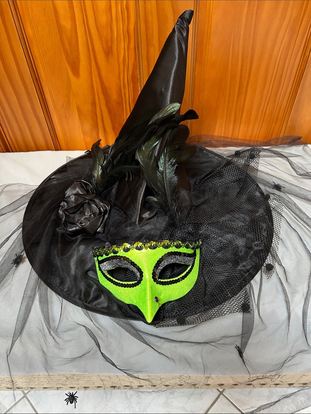 Black Witch Hat with Bright Green Decorative Mask